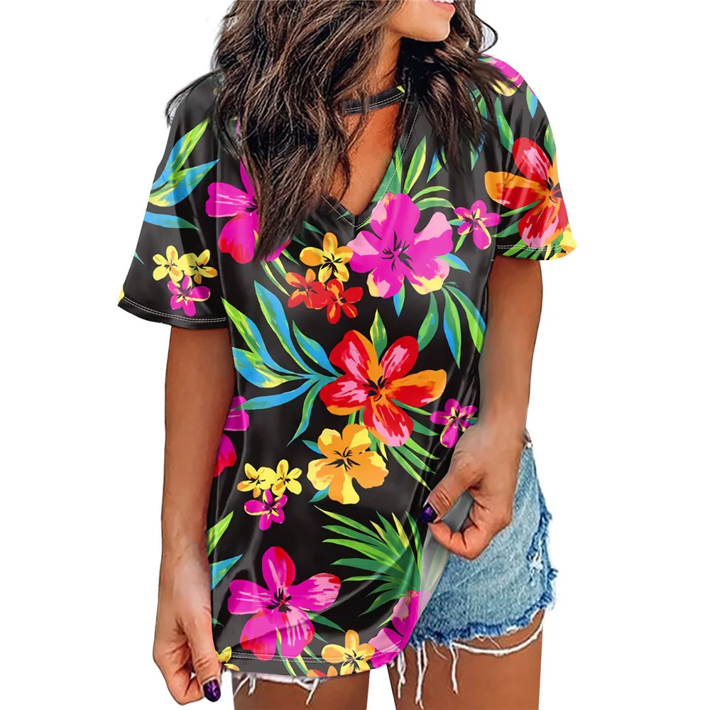 

Noisydesigns Fashion Women 4XL T-Shirts Hawaiian Tropical Floral Print Female Shorts Tops And Tees Beach Ladies Camiseta Femme