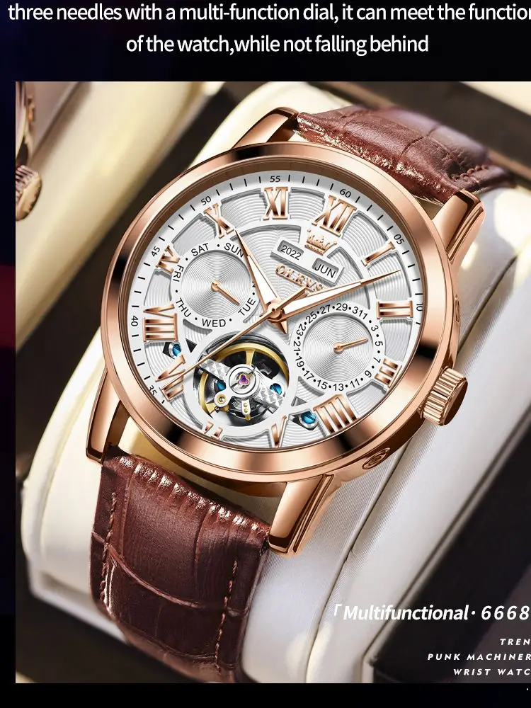 OLEVS Topmerk automatisch horloge voor heren chronograaf maanfase kalender lederen band heren quartz horloge waterdicht polshorloge - afbeelding 2