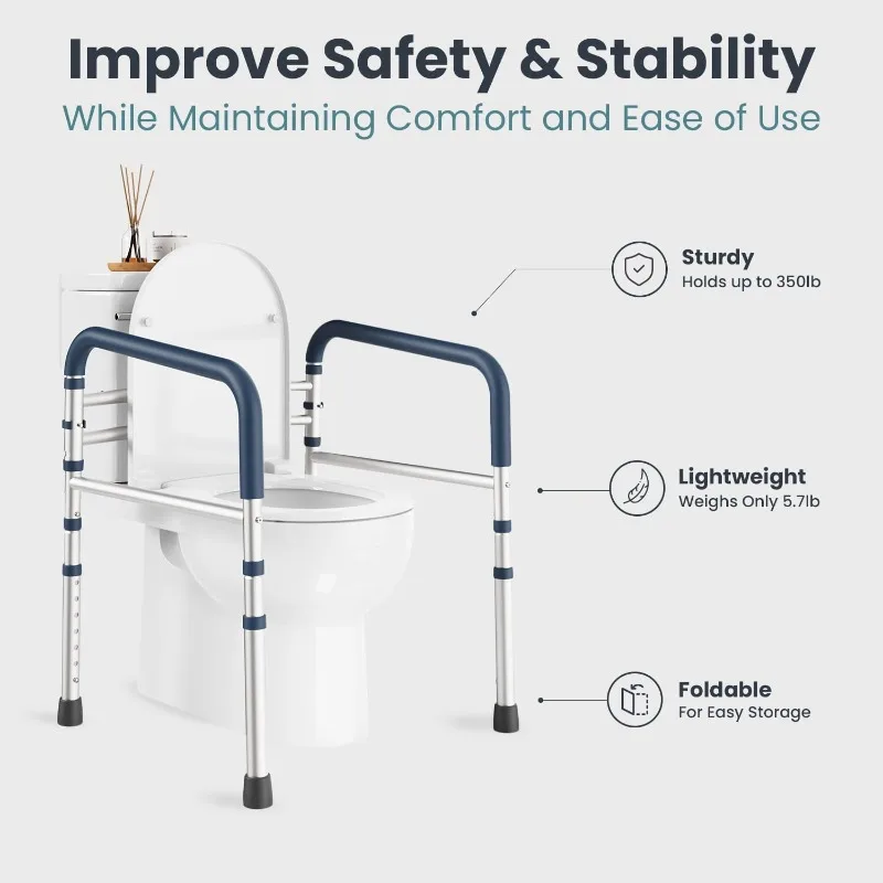 مقبض دعم المرحاض لكبار السن، ارتفاع قابل للتعديل، إطار رمادي غير قابل للانزلاق، سعة وزن 350 رطل، سلامة الحمام الكبار #5