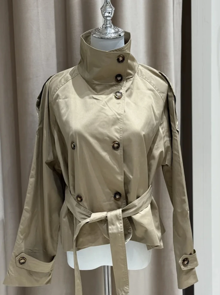 Trench corto da donna con cintura in vita |   Giacca vintage con colletto rialzato doppio petto |   Cappotti capispalla casual chic da donna