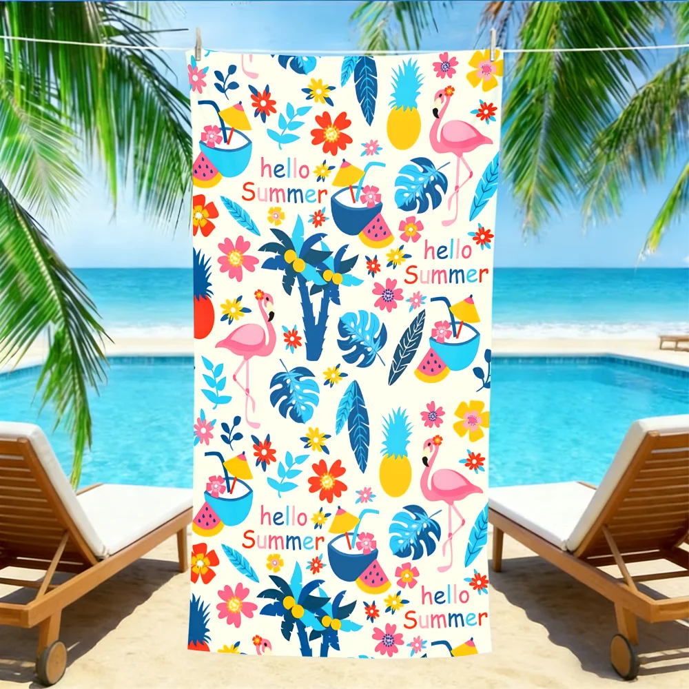 Hello Summer Flamingo Beach Towel – Oversized Quick Dry Sand Free with Tropical Palm & Cocktail Print for Fun