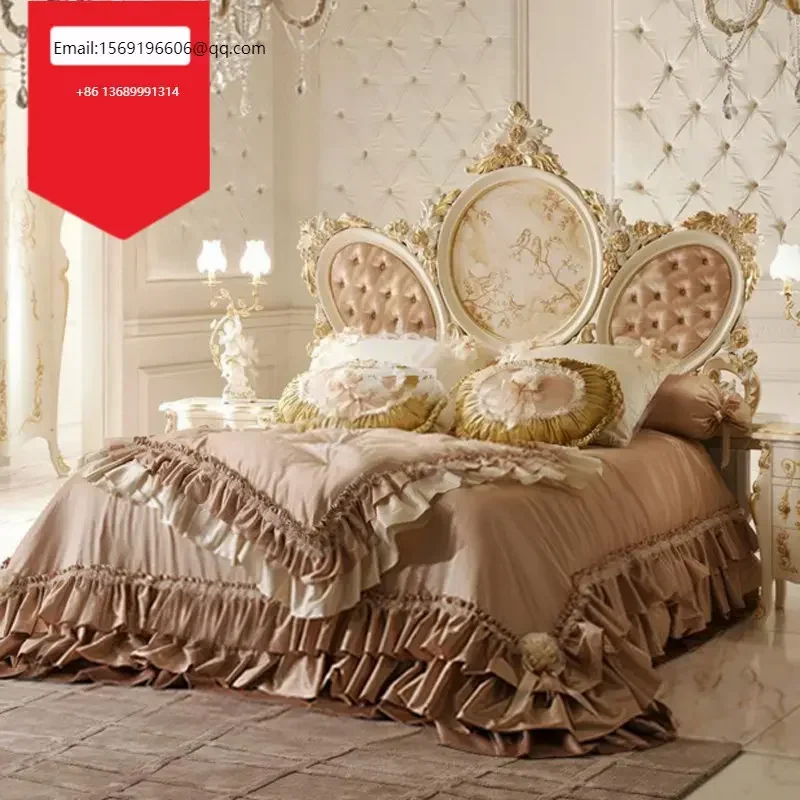 

Custom European solid wood double bed French Carved wedding bed 1.8m villa painted cloth bed