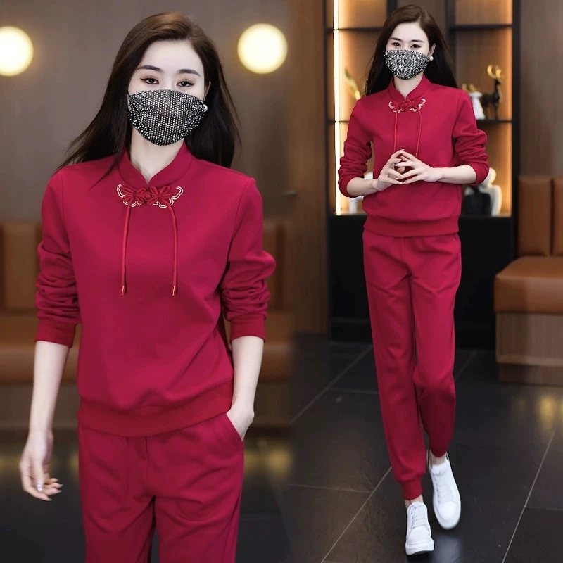 

Fashionable Sportswear Set for Women Spring Autumn New Style Design Sensation Youthful Button Sweatshirt Trousers Two Piece T...