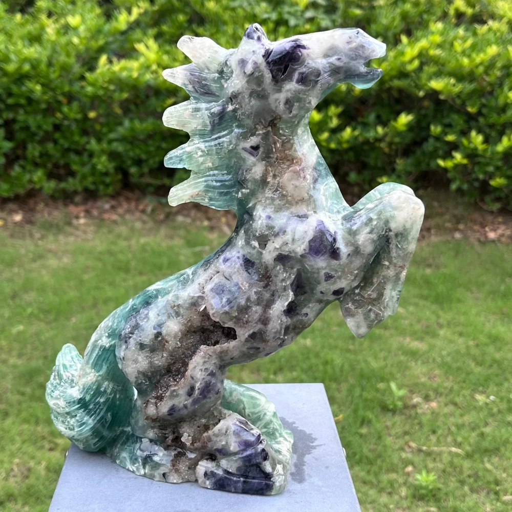 2.24Natural Green Colored Fluorite Horse Geode Carving Statue Crystal Animal Figurine Reiki Home Decor Gift Stone Craft