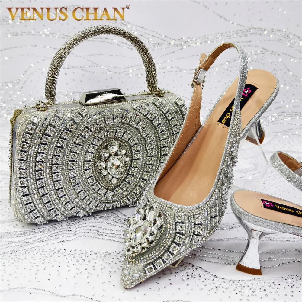 

Venus Chan, популярная женская обувь с острым носком, туфли на каблуке и сумки, цепочка со стразами, женская свадебная вечеринка, элегантная и роскошная мода