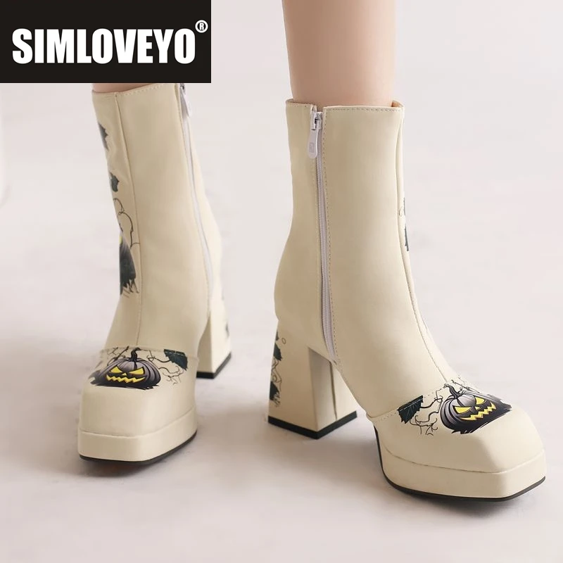 SIMLOVEYO 2025 Fashion Female Boots Square Toe Block Heels Platform Zipper Large Size 42 43 Festival Party Women Mid Calf Bota