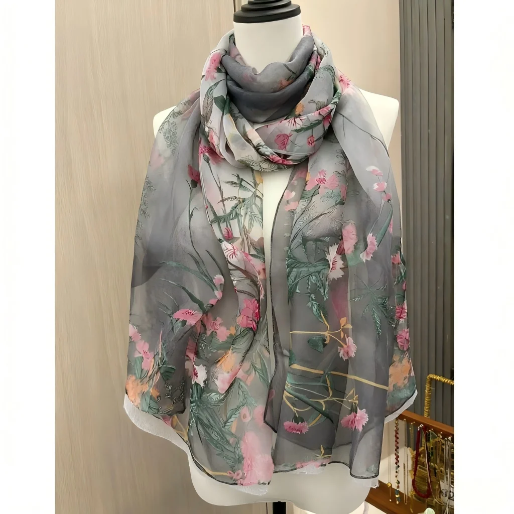 Neue Mode Blumen pflanzen Chiffon seidig Georgette Schal Frauen geometrischen Druck lange weiche Wickel Schal Strand Kopftuch Schals – Detail 2