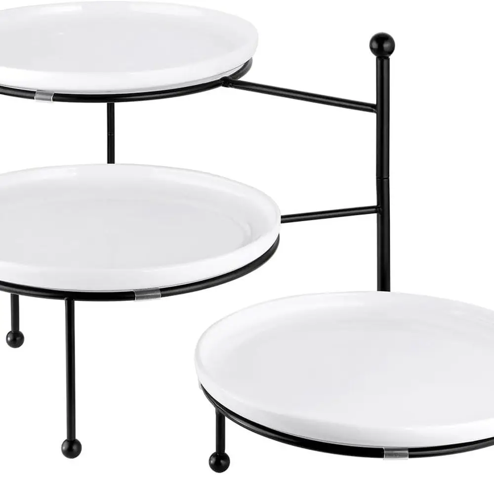 

3-Tier White Porcelain Plate Stand, 10 Round Tray, Dessert Display Set, Black Metal Stand for Snacks & Fruits
