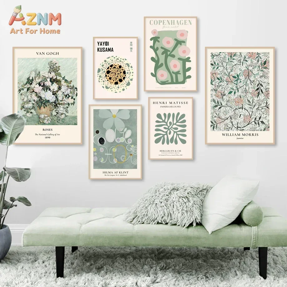 AZNM Vintage Green Classic Artist Canvas Wall Art Matisse Van Gogh William Morris Floral Art Print Retro Gallery Decor Poster