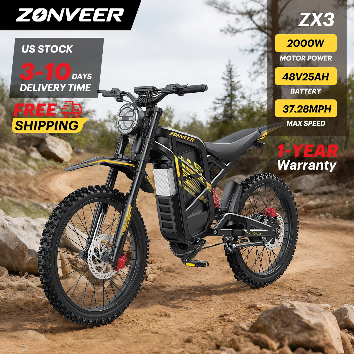 

ZONVEER ZX3 2000W Electric Motorcycle 48V 25Ah Electric Dirt Bike for Adults 60km/h High Speed Off Road E Motorbike 120KG Load