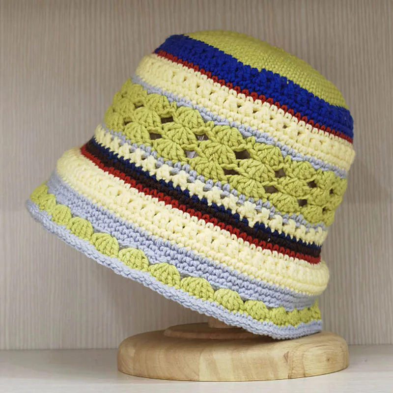 Crochet Knit Bucket Hat Clochet Colorblock design Cotton Sun Hat Casual Summer Cap Striped Dome Hollow Out Outdoor Shopping Hat