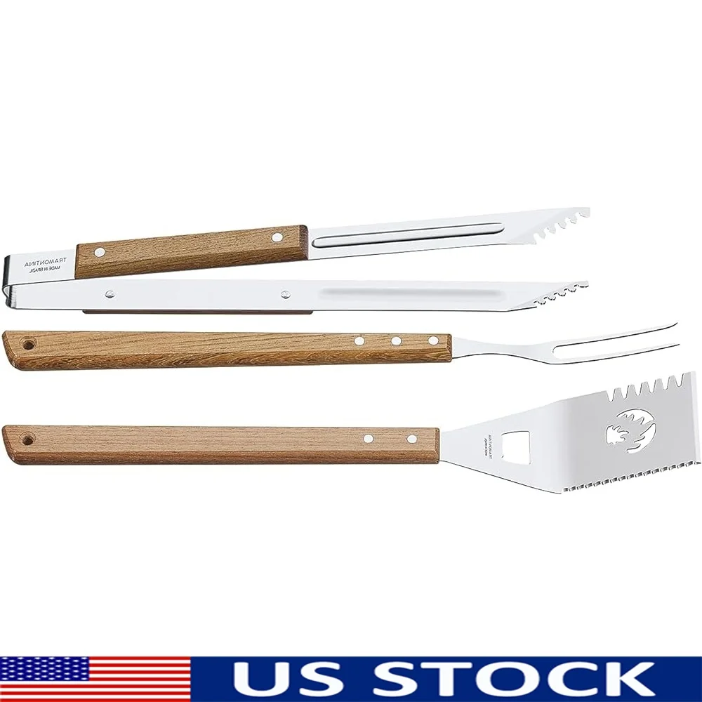 

3 Piece BBQ Tool Set Stainless Steel Long Grill Fork Tongs Spatula Wooden Handles Essential Outdoor Cooking Accessories