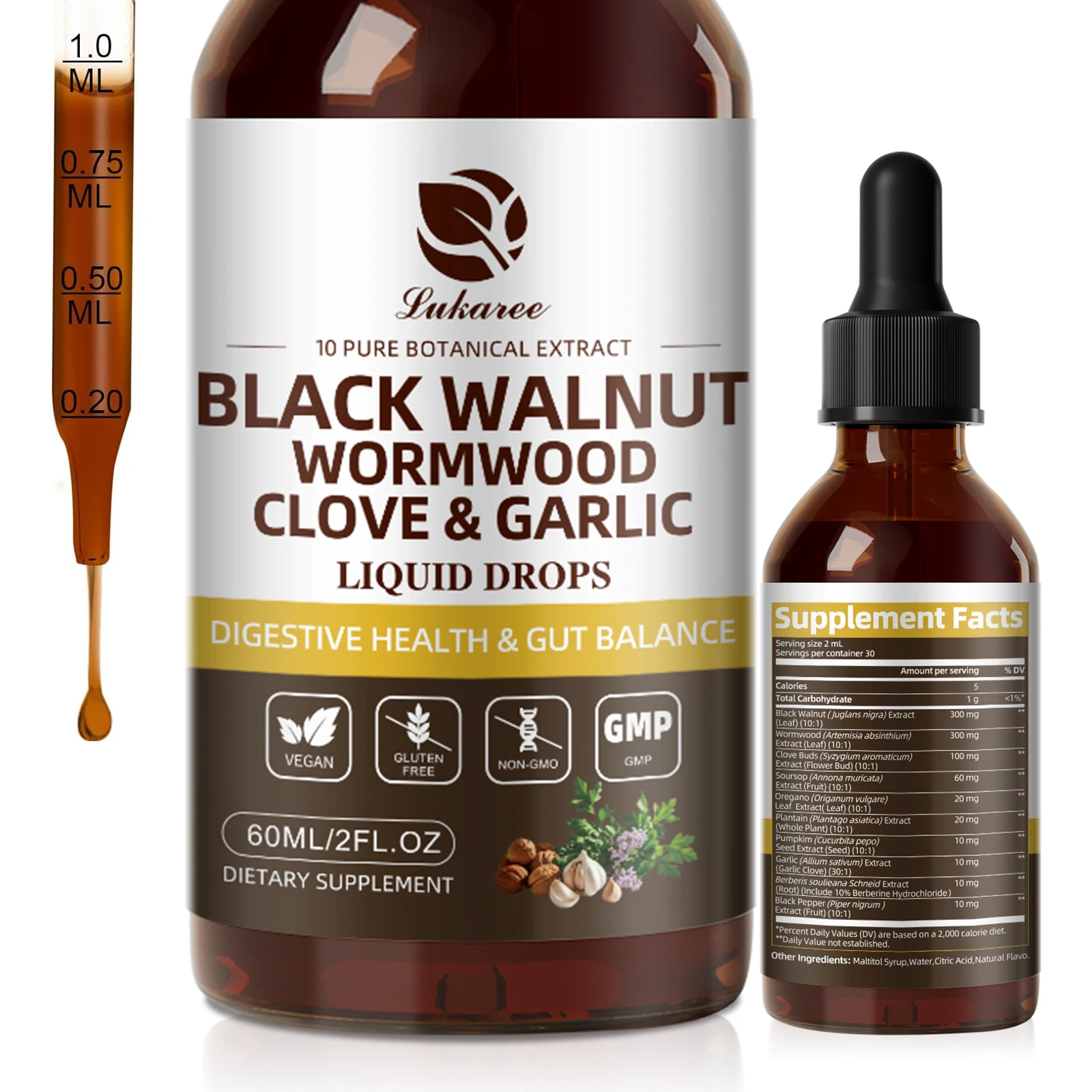 Lukaree 60ML Black Walnut Drop con ajenjo, clavo y ajo que favorecen la digestión y la salud inmunológica, desintoxican el cuerpo y son antioxidantes