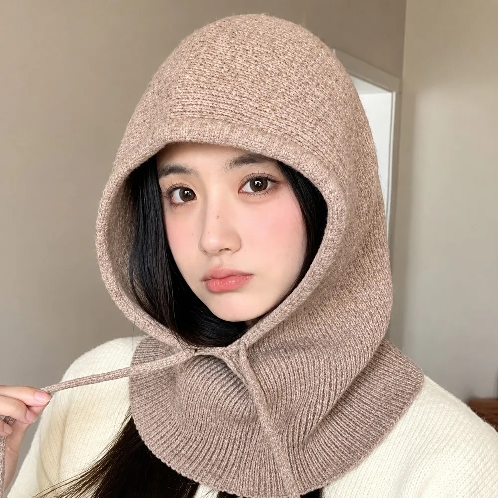 Thickened Knit Balaclava Hat Soft Elastic Hooded Neck Warmer Fleece Washable Winter Visor Beanie Commuting
