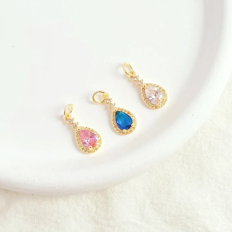 2 Piece 14K Copper Clad Gold Inlaid Colorful Zirconia Vintage Exquisite Droplet Pendant Handmade DIY Jewelry Brass Accessories
