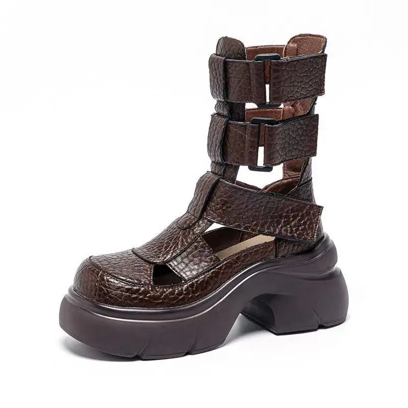 2026 Women Gladiator Sandals Summer Height Increasing Genuine Leather Roman Sandals Ladies High Heel Platform Cool Boots