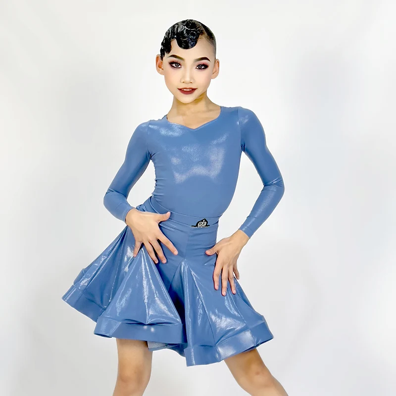 Girls Patent Leather Latin Dance Competition Dress Long Sleeve Performance Clothing Two-Piece Rumba Samba Practice Wear DL11170