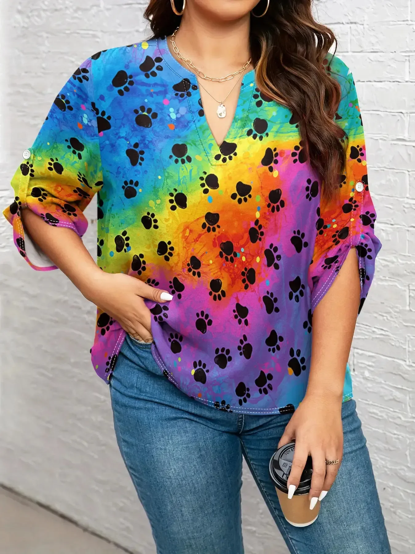 CLOOCL Colorful Paws Printed Women T-shirt V-neck Long Sleeved Shirts Oversized Streetwear Tops Women Plus Size Clothing