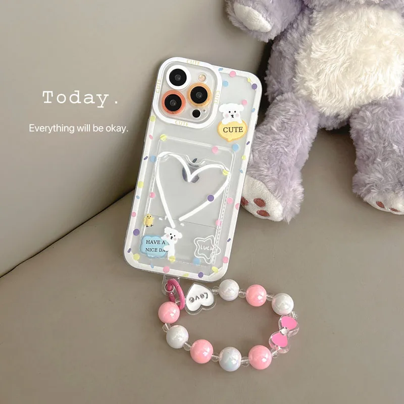 Cartoon Heart Pearl Bracelet Phone Case for iPhone 15 Pro Max 14 Plus 13 12 11 Pro Max Soft Case for iPhone 7 8 Plus XR XS Max