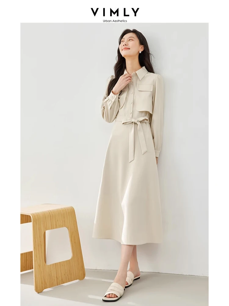 

Vimly Tie Belt Long Shirt Dress for Women 2024 Spring Elegant Fashion Long Sleeve A Line Midi Dresses Womans Clothing M5633