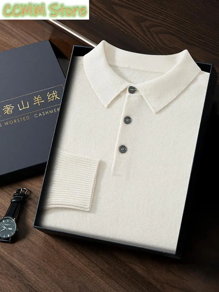 Men's New POLO Shirt Cashmere Knitted Pullover Solid Color Sweater Fall Winter Casual Business Office Jacket