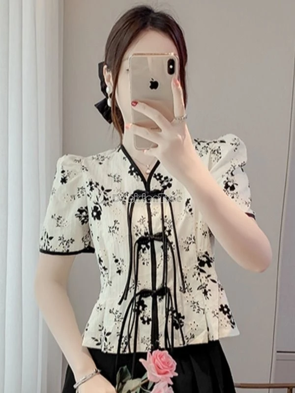 2024 chinese style improved tang suit top sexy v-neck button tassel lantern sleeve blouse elegant exquisite printing chiffon top