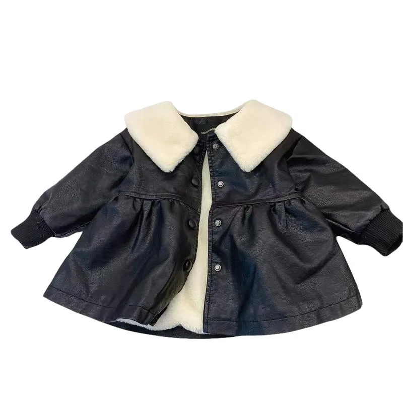 2024 Winter Infant Baby Girl Jacket Turn Down Collar Pu Leather Toddler Girl Coat Solid Long Sleeve Fleece Thicken Kid Girl Coat