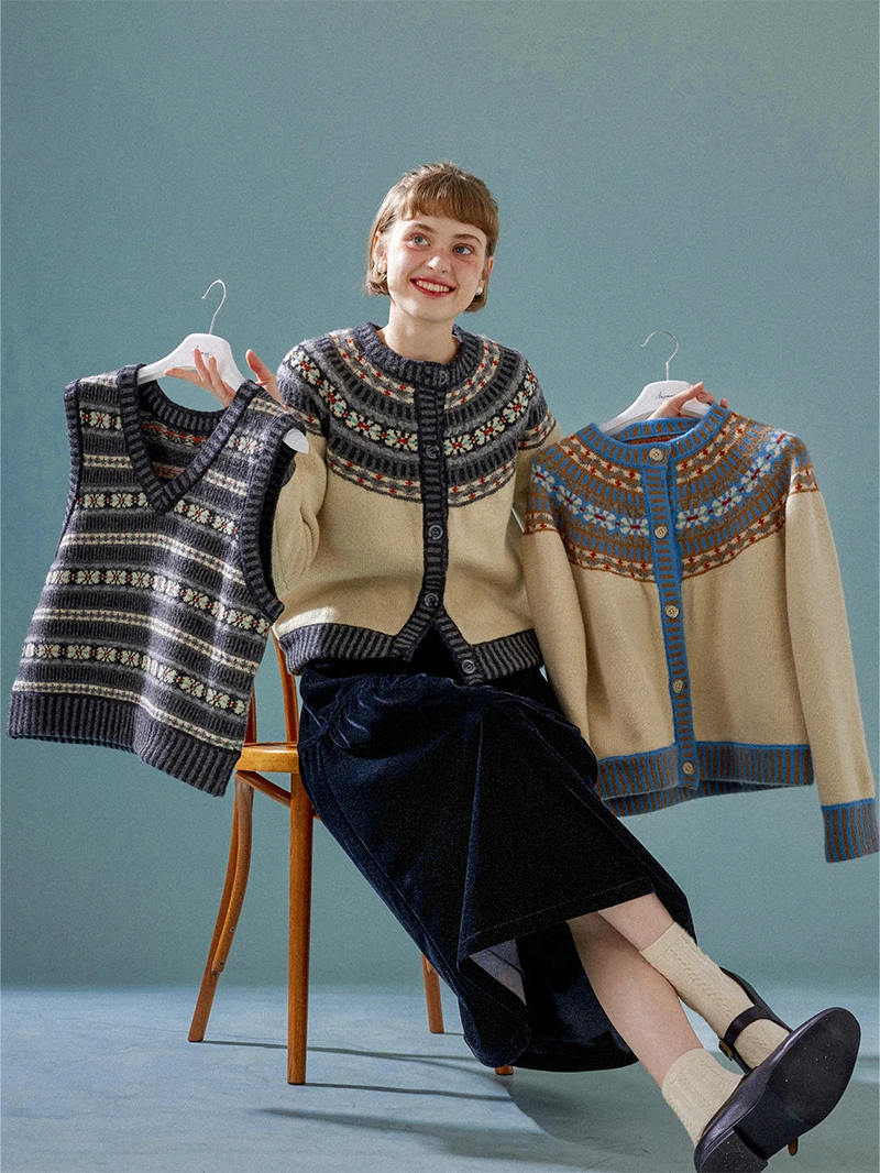 

00% Wool Fair Isle Knitted Cardigan Lady's Spring Faion Classic Gentleman's Pullover Vest Scandinavian Design
