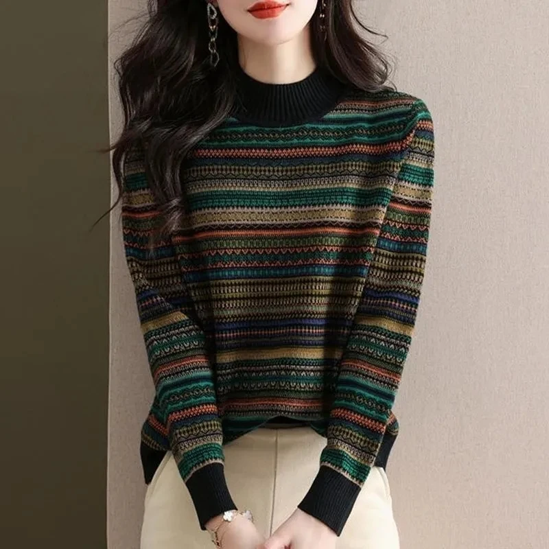 2025 Autumn/Winter Women Vintage Striped Woolen Sweater Fashion Mom Loose Covering Belly Half High Neck Knitted Cashmere Sweater