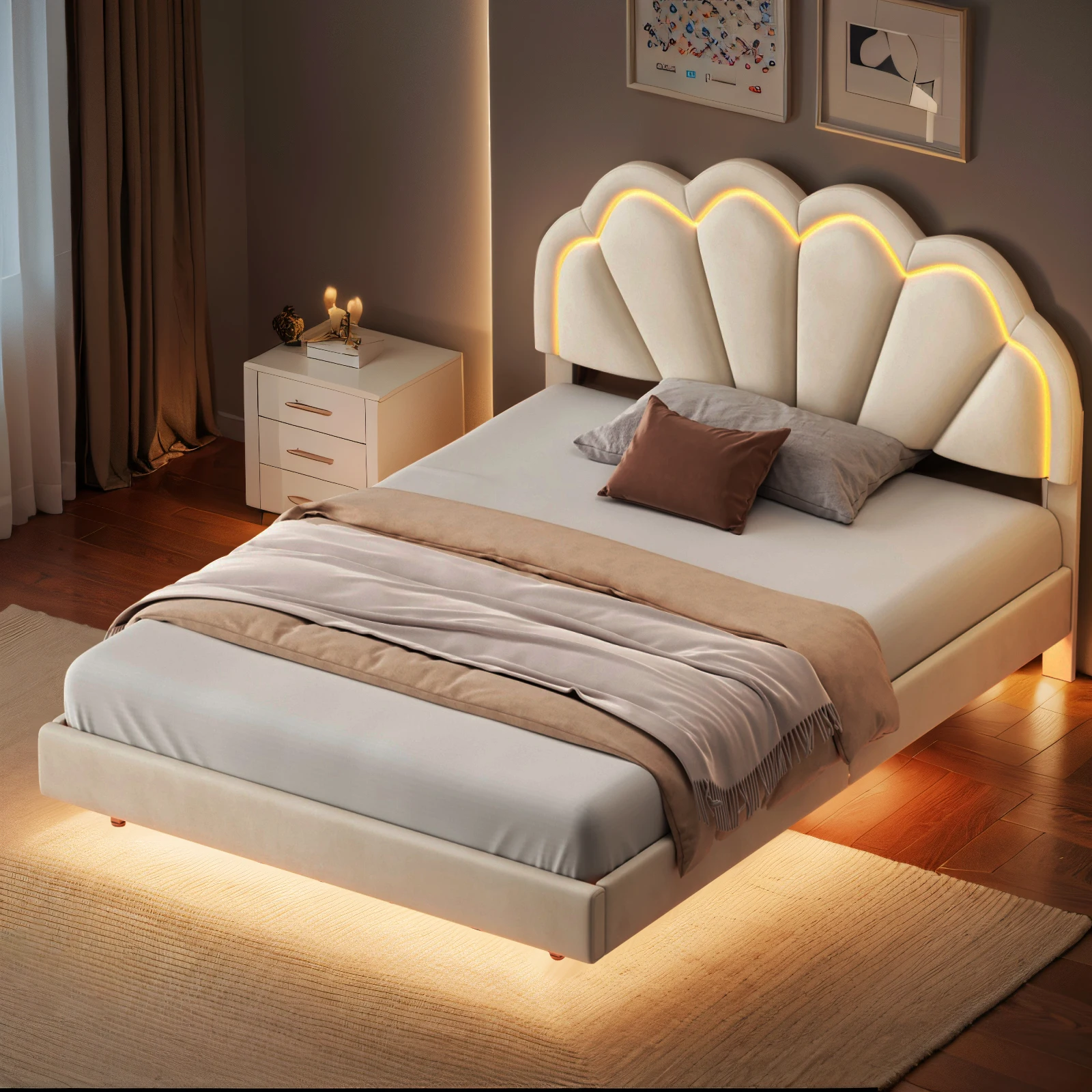 Upholstered children's bed 140 x 200 cm,Double bed, PU leather bed frame with LED lights, slatted base and backrest