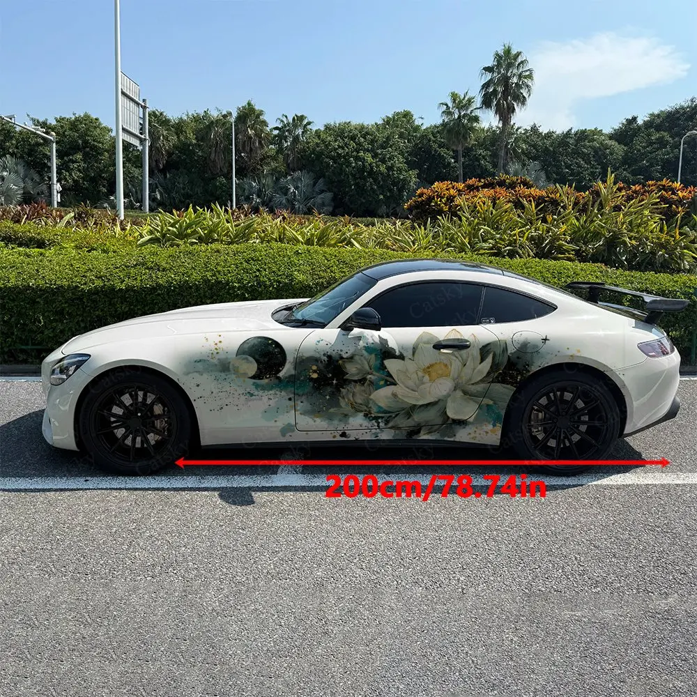 2pcs Gilded Ink Lotus Pond Moon Car Side Wraps, Self-Adhesive PVC Waterproof & Scratch-Resistant Stickers, Car Accessory Gift
