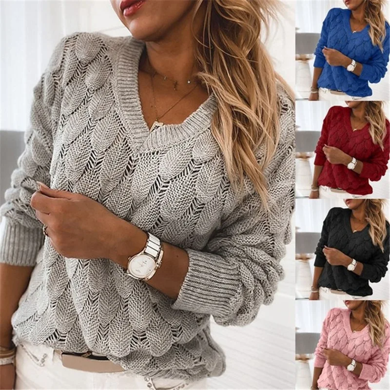 Casual Oversize korean Fashion Knitting Sweater Women Autumn Winter 2024 Hollow Feather Pattern Long Sleeve V-neck Pullover Tops