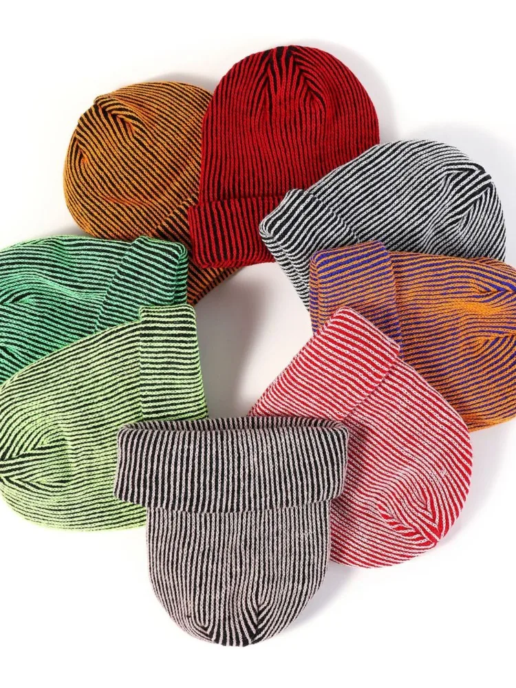AliExpress NONE Women's Autumn Winter Striped Knitted Cap European And American Acrylic Men's And Women's Cycling Ear-protecting Rolled-up Cap