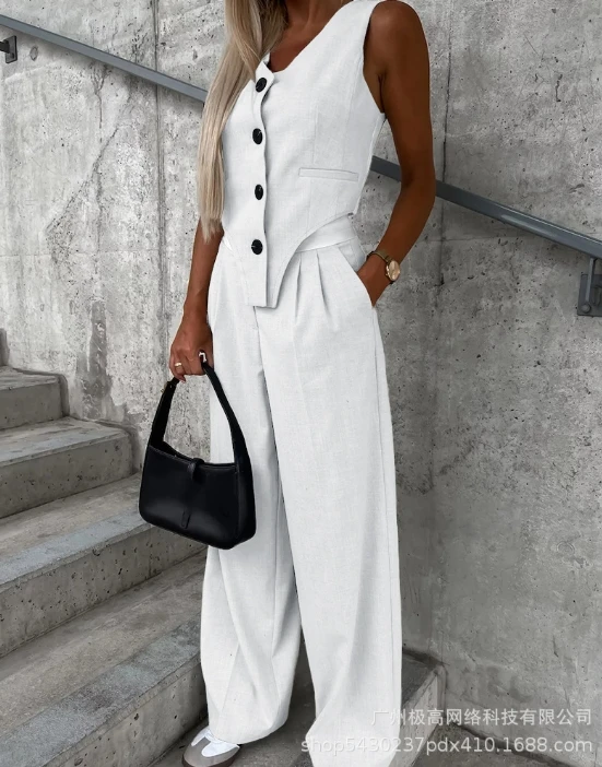 Elegant Pants Set Two Piece for Women Summer New Sleeveless Striped Colorblock Vest Top & High Waist Ruched Pants Fashion Suit