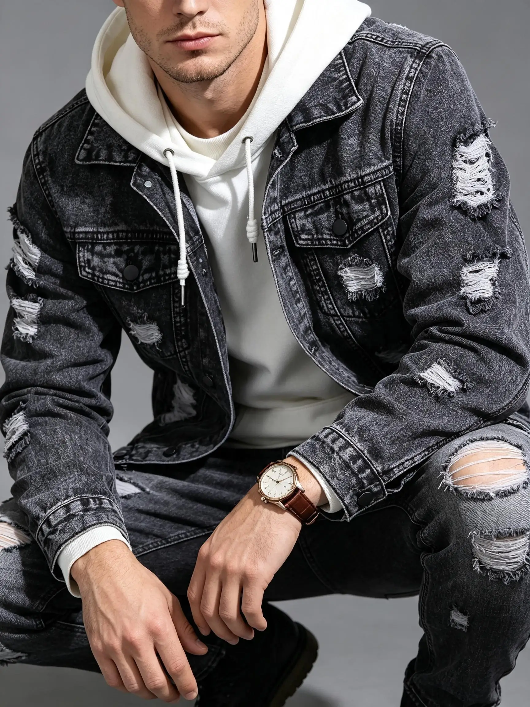 Men Loose Fit Y2K Frayed Edge Denim Coat, Trendy Streetwear Jacket, Sweet Gift For Your Lover