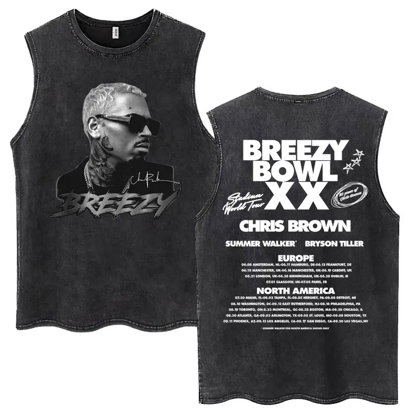 Chris Brown Breezy Bowl XX 2025 Tour Washed Tank Tops Hip Hop Gothic Vintage Men Oversized Sleeveless T Shirt Loose Cotton Tees
