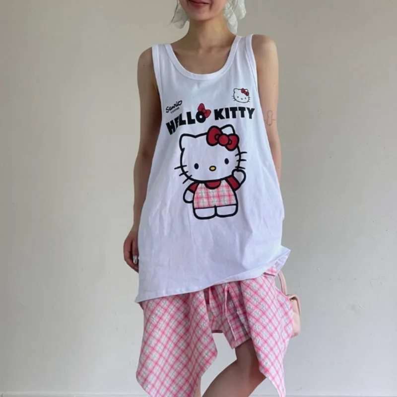 Miniso Hellokitty Y2k Long Tank Top Sleeveless Beach Style White Tees Girls Cartoon Kitty Cat Kawaii Shirt Summer Women Cloting