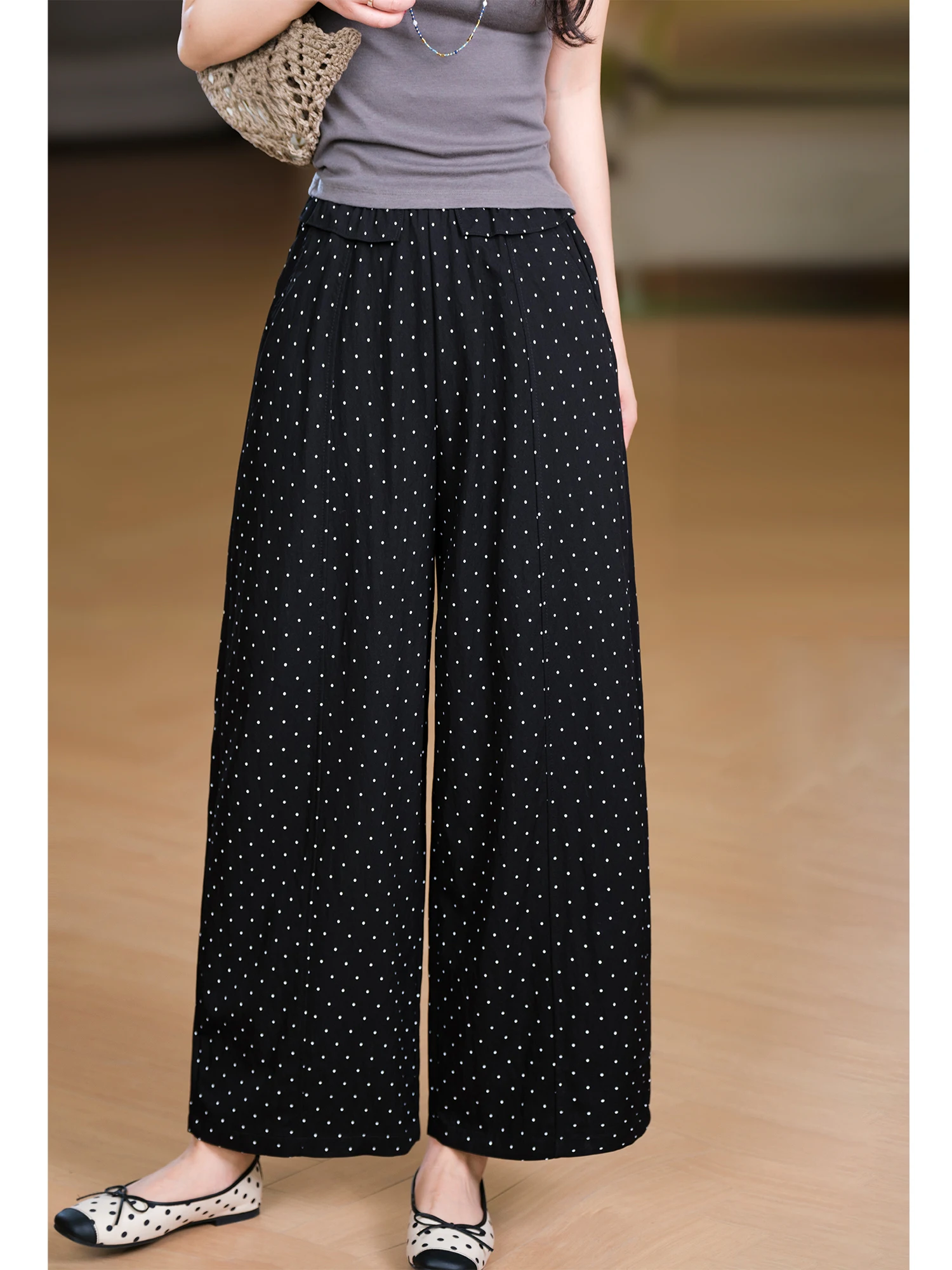 

Elegant Retro Polka Dot Wide Leg Pants Women's Elastic Waist Ruffle Hem Lenzing Lyocell Fiber Casual Trousers