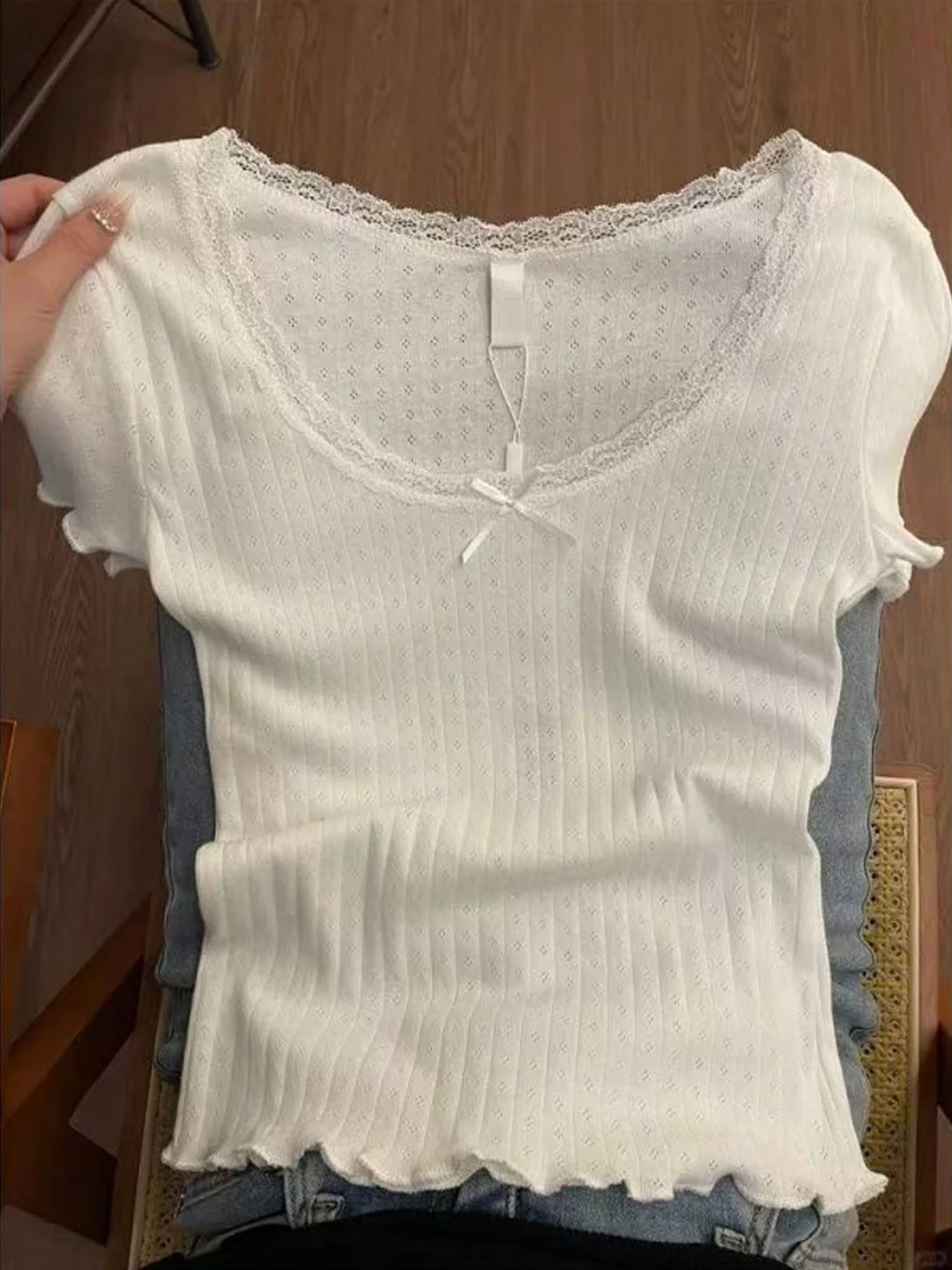 

White Lace Trim Slim Fit ort Sve T-irt Women's Summer oulder Length Inner Wear Top Sweet Pure Desire Sle