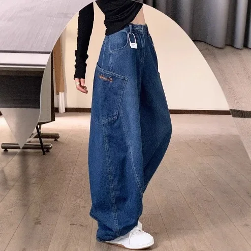 American Retro High Street Curved Hem Jeans For Women, New Spring And Autumn High Loose Slimming Large Pocket