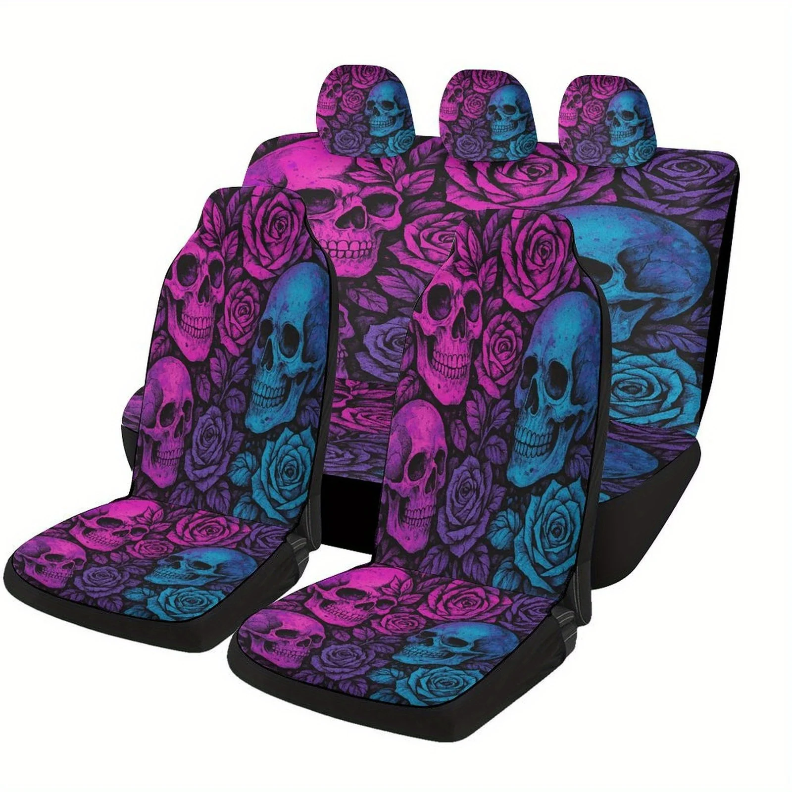 

Gothic Skulls With Roses Themed Car Seat Cover Set For Most Cars, Fashion Personalized Novelty Car Seat Protector Covers Full Se