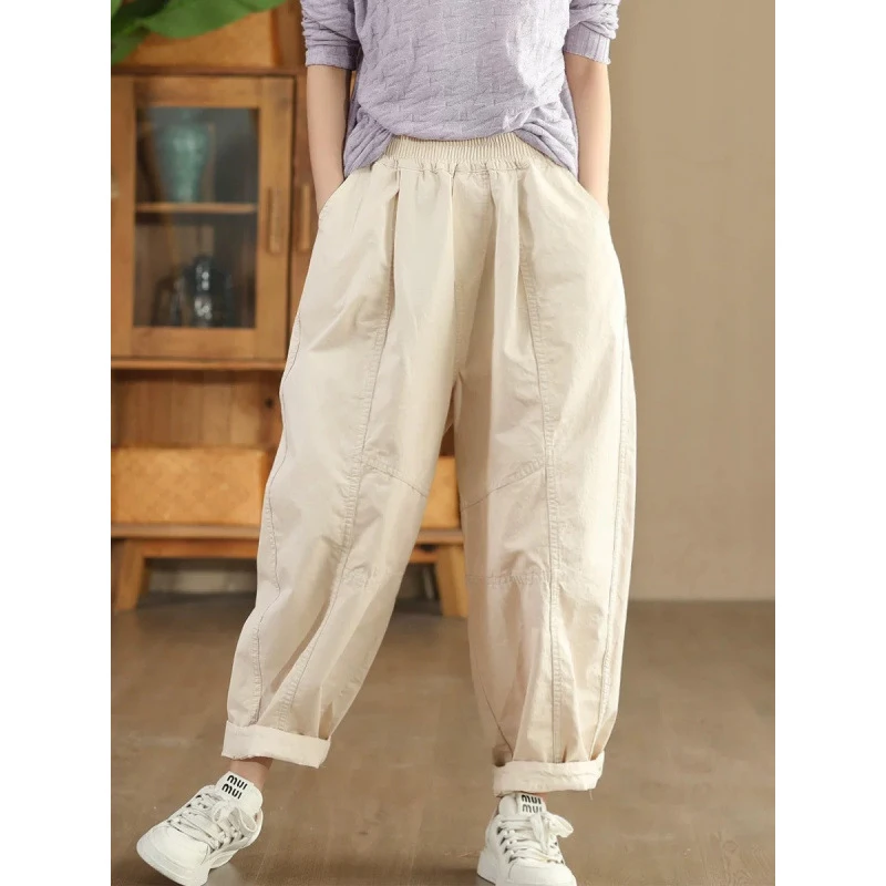 Masss Wasss Fall British Classic Womens Fashion Vintage Loose Casual Pants Ladies Soild Fitness Elegant Elastic Waist Trousers