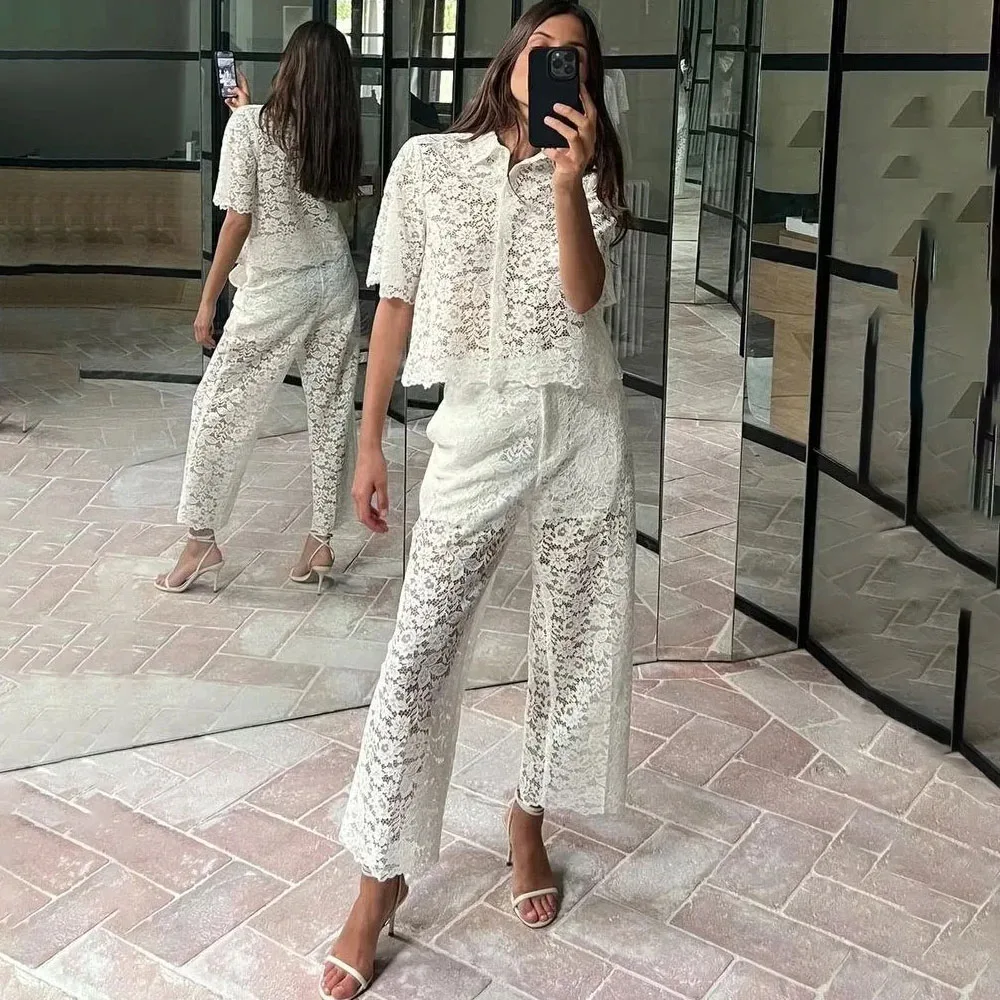 Transparent white vacation style lace pants set for women\'s summer leisure office women\'s set 2024 hollow out matching