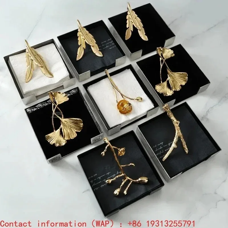 Ins European Stainless Steel Tissue Box Brass Ginkgo Leaf Decor Hotel Table Napkin Holder Afternoon Desktop Tissue Organizer