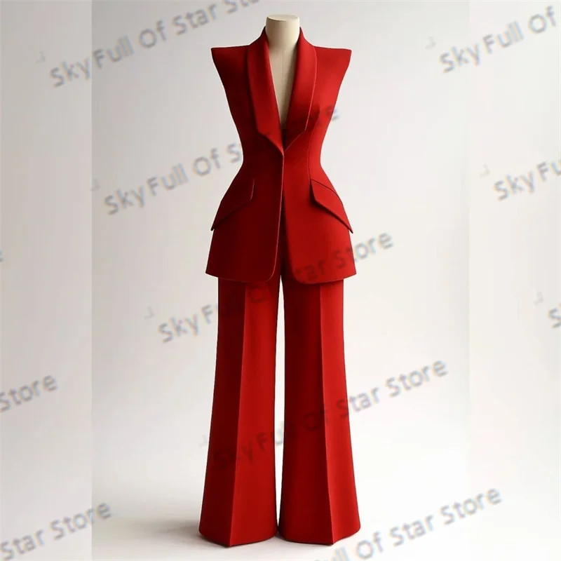 

Summer Red Women Suit Set Customized 2 Pcs Vest+Pants Trousers Summer Formal Office Lady Jacket Sleeveless Wedding Prom Dress