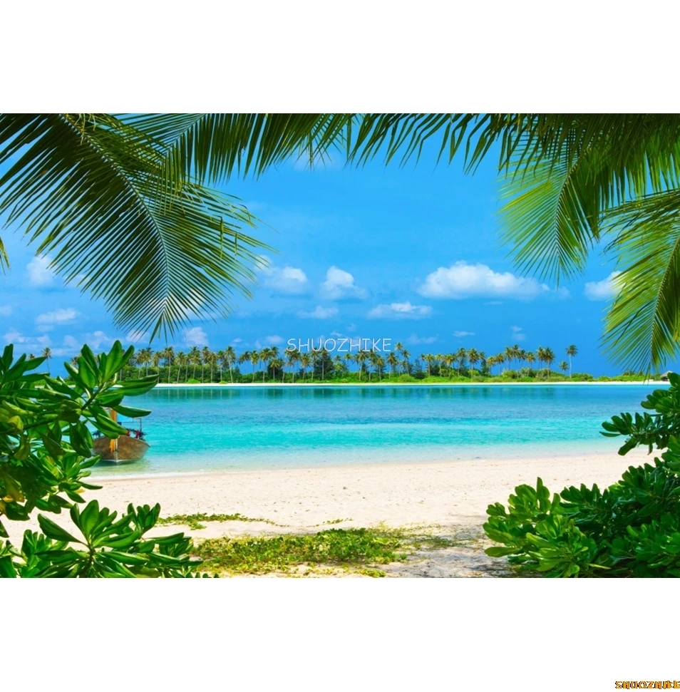 Fondo de playa de verano, mar, océano, hojas de palmera, Aloha, fiesta en la playa, cumpleaños, vacaciones, retrato, fotografía, fondo, decoración, utilería