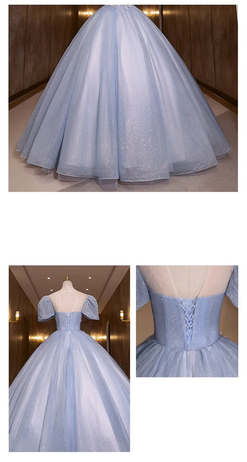 Robe De bal bleue à manches courtes, avec des appliques De perles et des paillettes, tenue De soirée à paillettes, à fleurs 3D