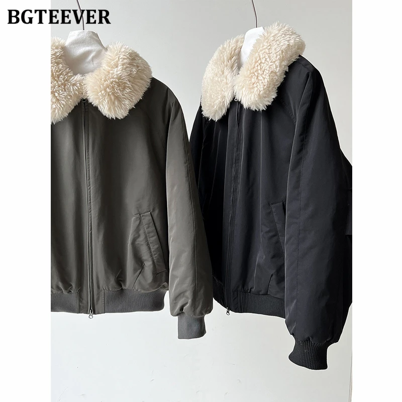 BGTEEVER Eleganckie Jesienno-Zimowe Kurtki Damskie z Luźnymi Kieszeniami, Zapinane na Zamek, Codzienne Kurtki z Długim Rękawem, Kołnierzem, Grube i Ciepłe Płaszcze Damskie