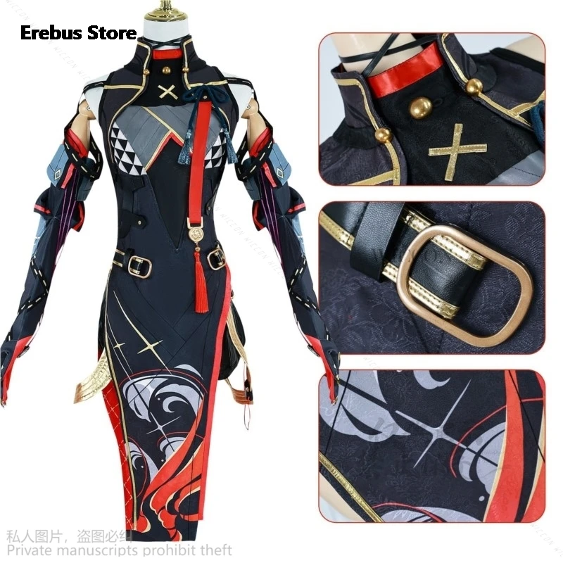 Anime Game Wuthering Waves Cosplay Yinlin Costume Wig Dress Outfit Uniform Headwear Sexy Suit Lolita Cosplay Dark Red Long Wig