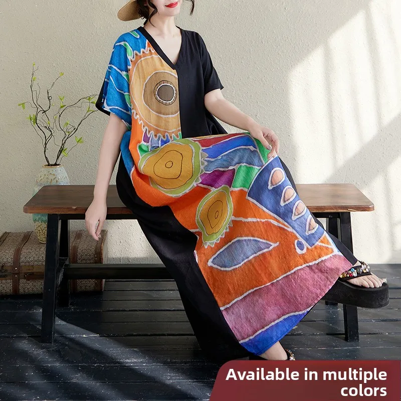 

Женское летнее хлопково-льняное платье больших размеров V-Ne ort Sve Dr для похудения, цветная блузка с высокой талией, длинное повседневное платье для поездок на работу